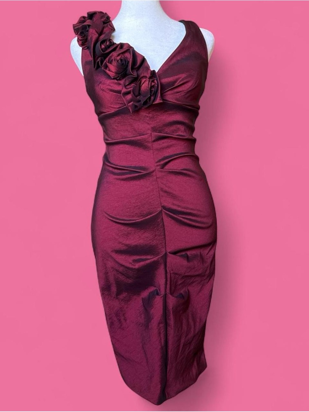 Xscape One-Shoulder Rose-Embellished Cocktail Dress - Wine
